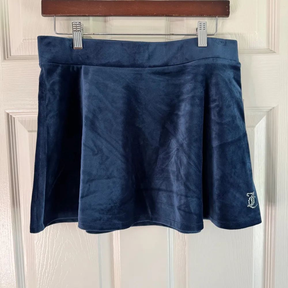 Juicy Couture Velour Skirt Mini Skater Y2K Rhinestone Logo Navy‎ Blue M - Image 10