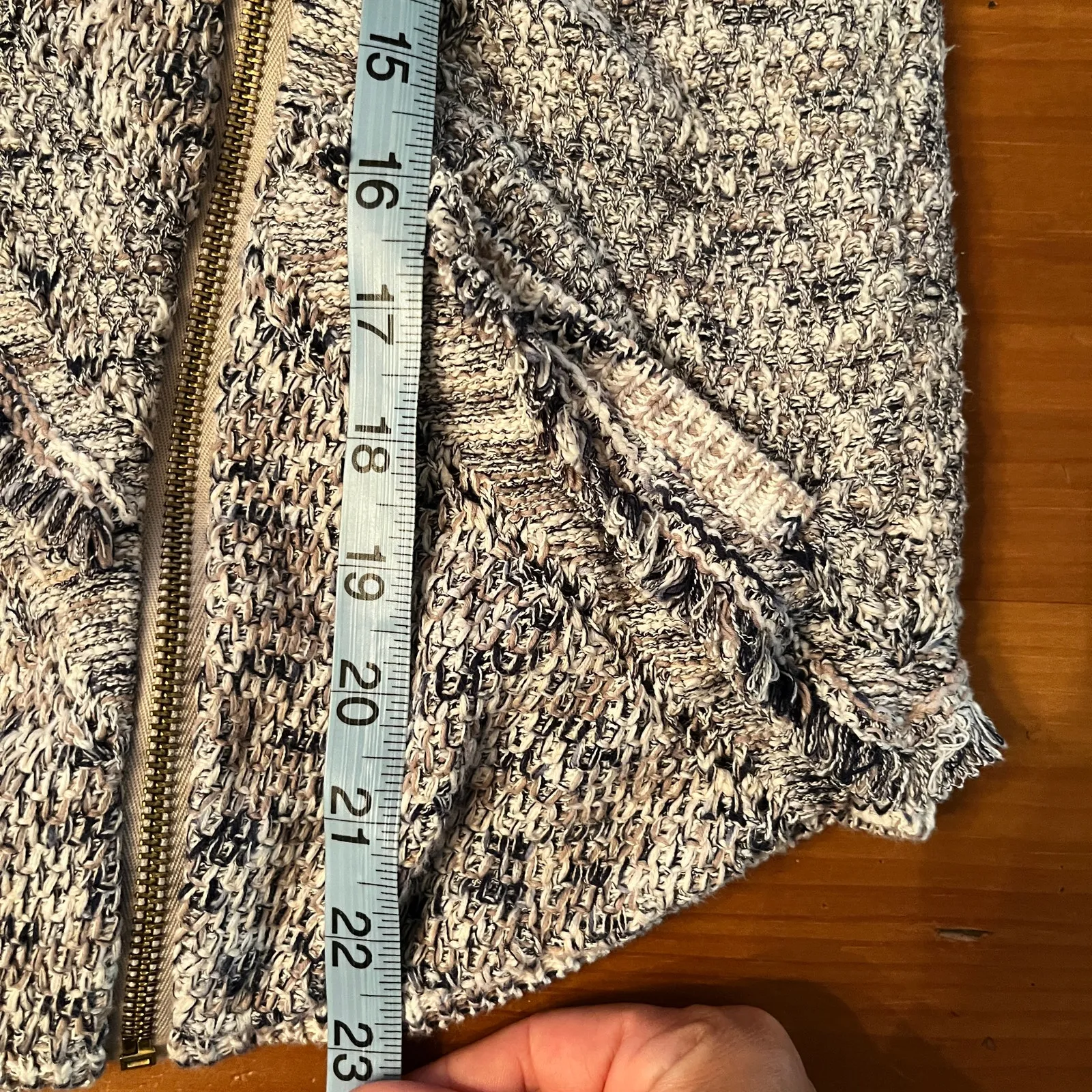 Lucky Brand Women’s Moto Fringe Sweater Jacket Blue White Gold Size Small - Image 9