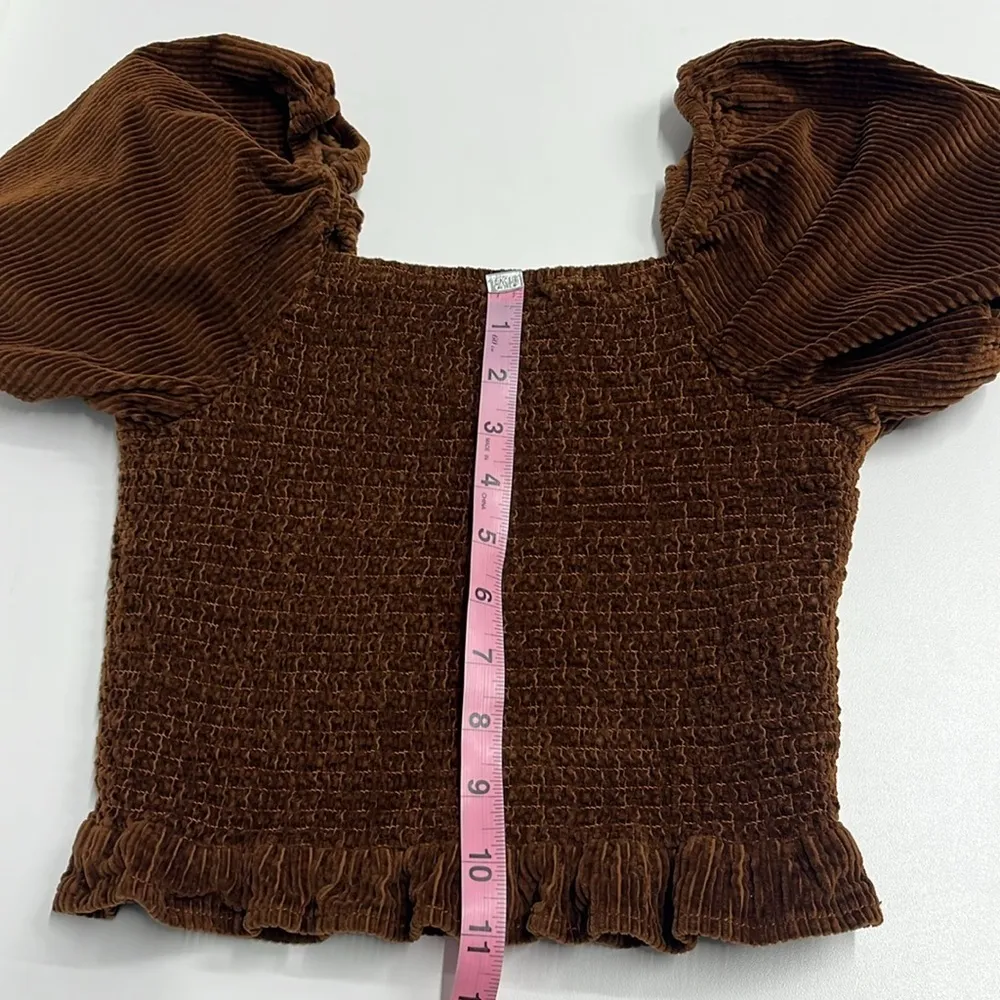 balloon sleeve crop top peplum ruched stretchy neutral brown xs - Image 5