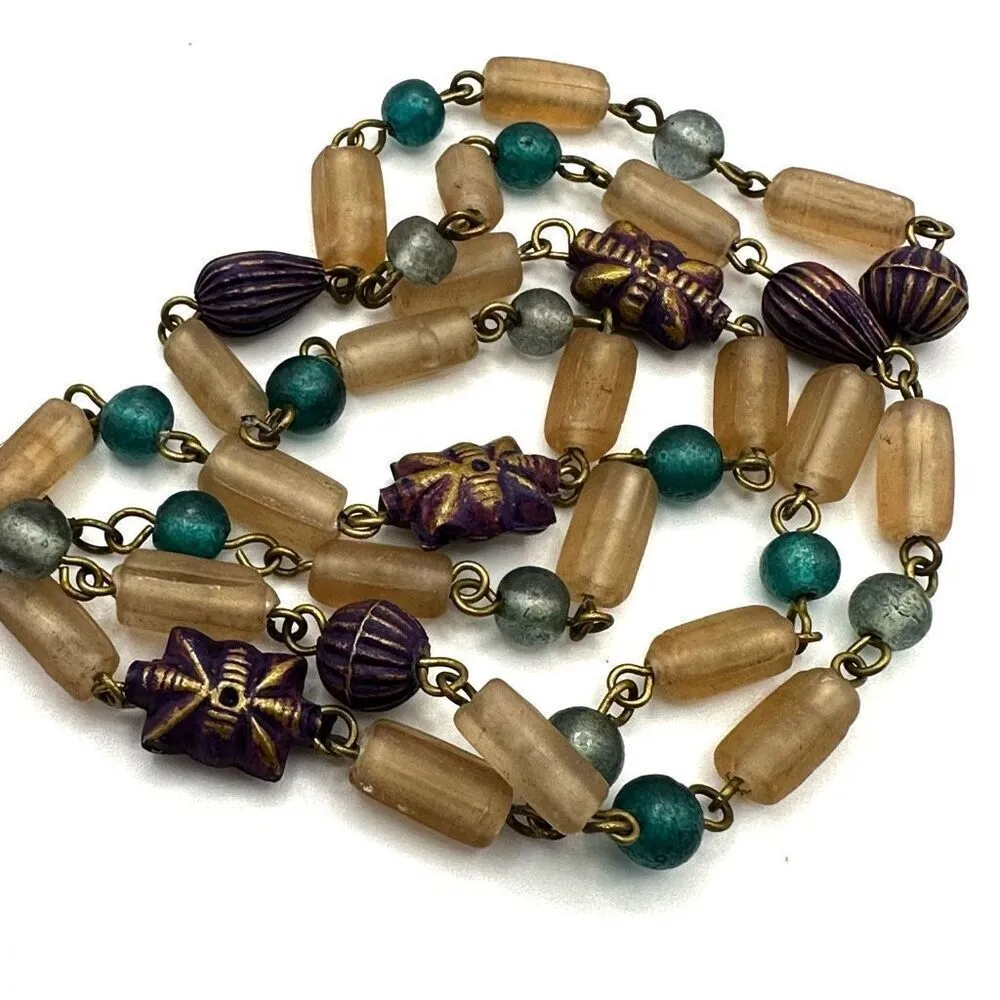 Pink purple and green long beaded vintage necklace - Image 2