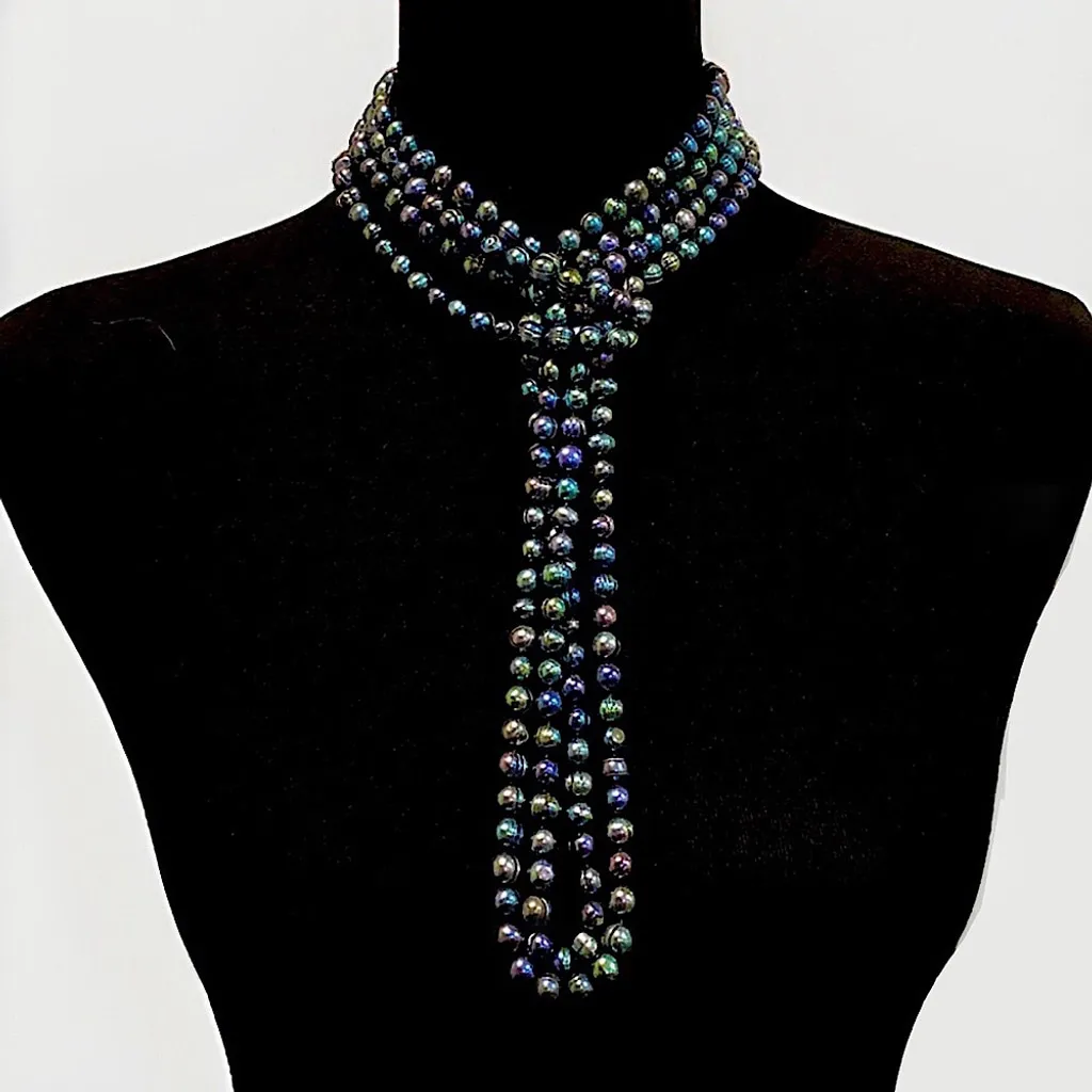 Vintage Peacock Pearls Necklace Endless Strand 99 inches Long Purple - Image 2