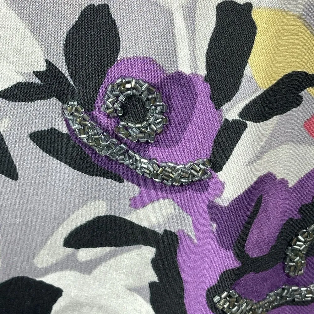 Elle Floral Swing Dress Back Zip Short Sleeve Grey Floral Purple Stretch Size M - Image 6