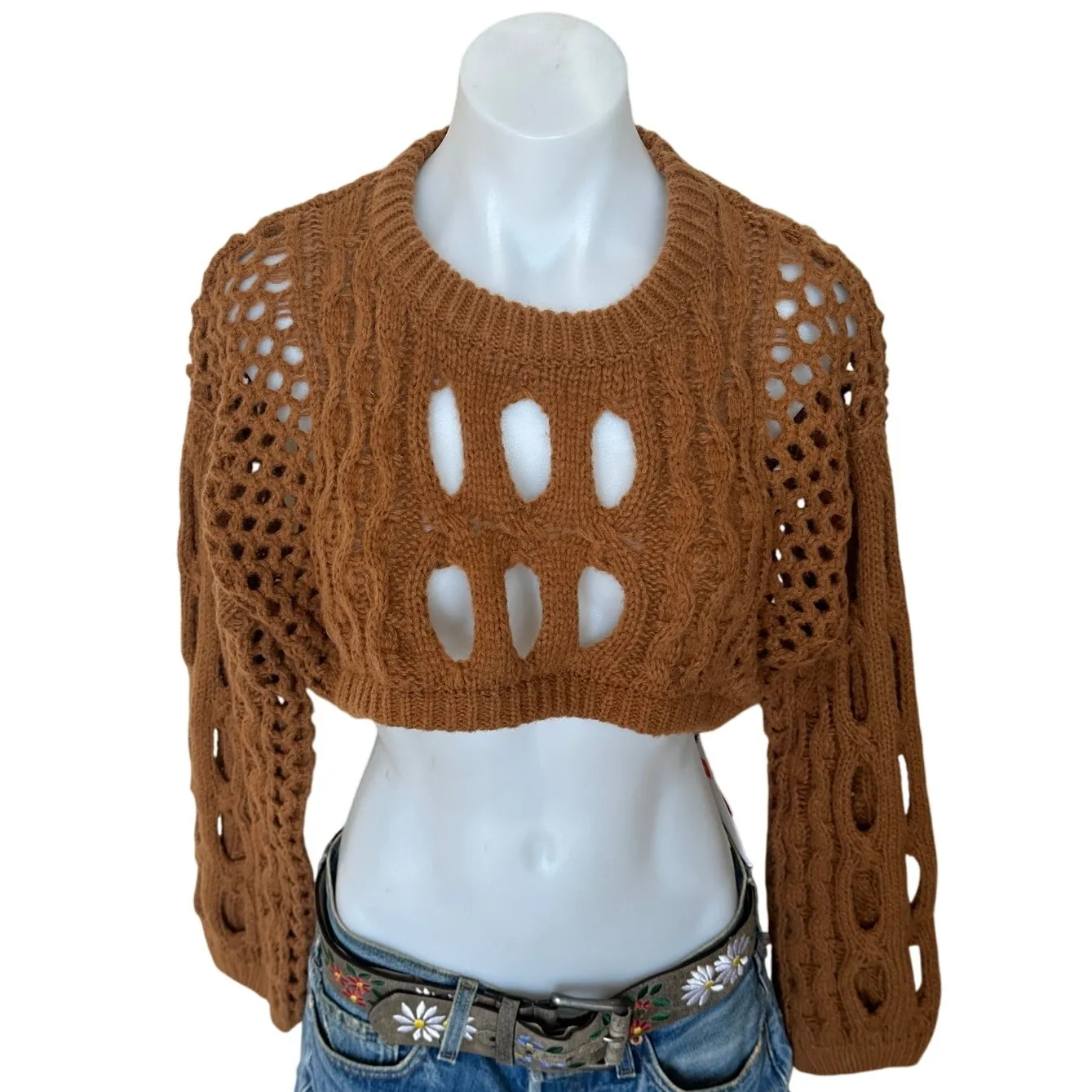 Cider Brown Open Knit Cropped Sweater MEDIUM Grunge Boxy Oversized NEW - Image 2