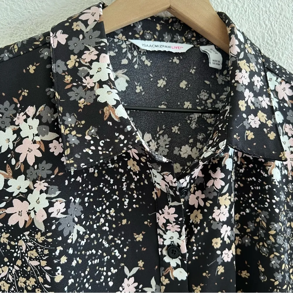 Isaac Mizrahi Floral Button Front Collar Blouse Top Shirt Dark Floral Modest 10 - Image 2