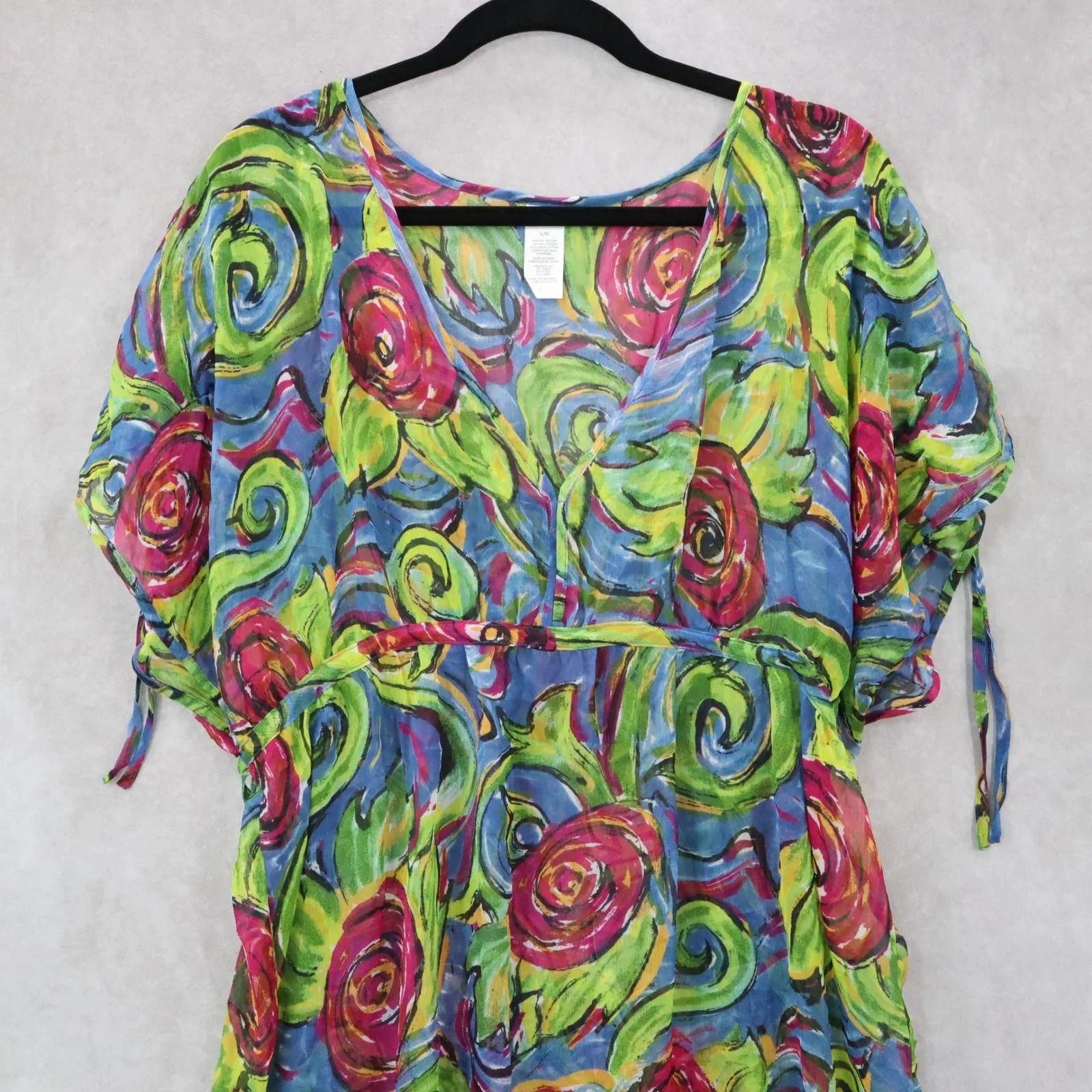 Boho Floral Swirl Sheer Festival Beach VTG Colorful Tunic Cover Up Dress L Large Green - Image 3
