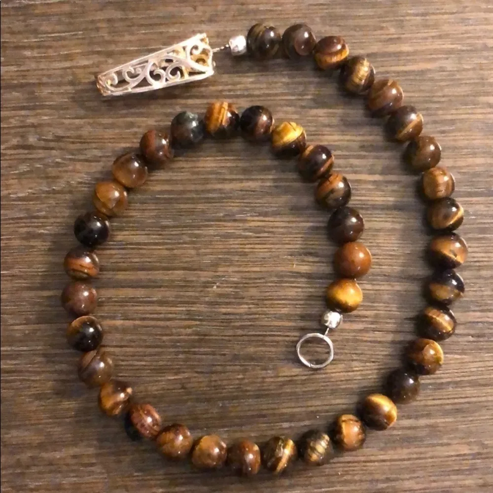 Hand made Tiger Eye beads necklace with Silver plated art deco snap closure Brown - Image 6
