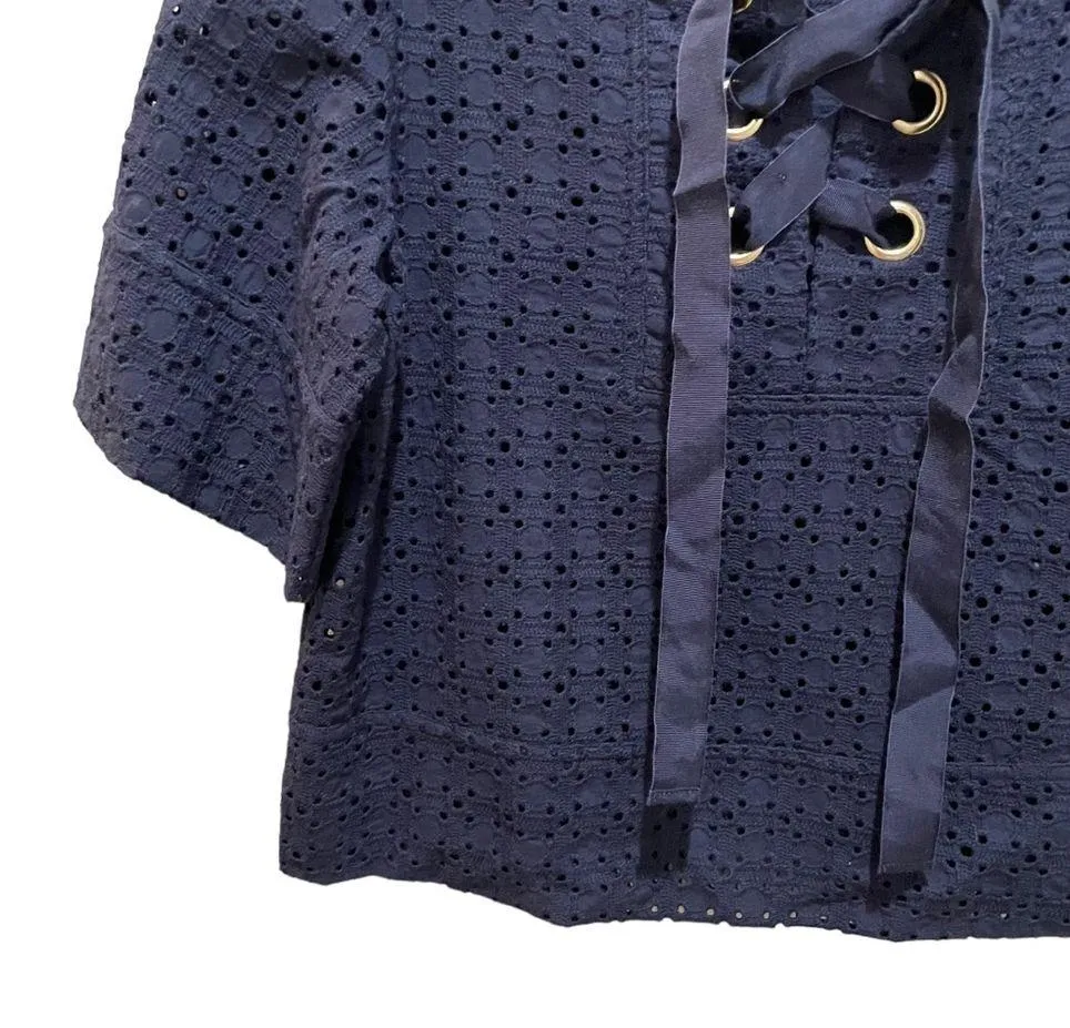Zara Eyelet Lace Up Short Sleeve Crop Top Navy Blue Size Small - Image 4