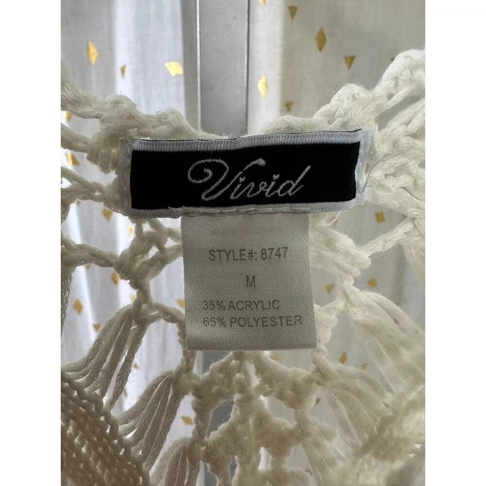 Vivid Women's Semi Sheer White Boho Macrame Fringe Cover Up Top Blouse M Size M - Image 5