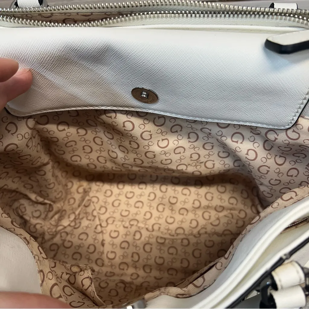 Guess White Saffiano Faux Leather Satchel Handbag W/Crossbody Strap 14" x 8.5" - Image 12