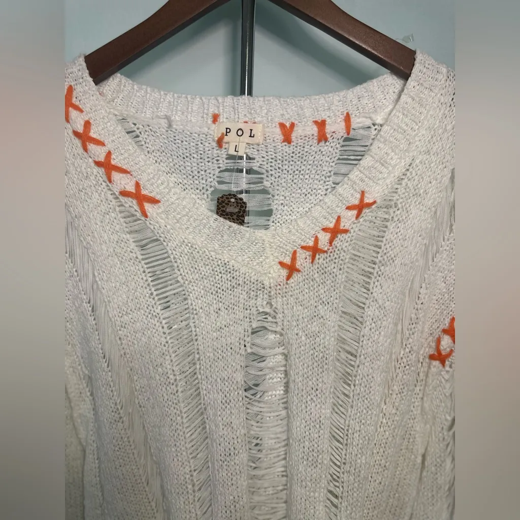 POL Women's V-Neck Sweater in Cream with Orange Details - Image 2