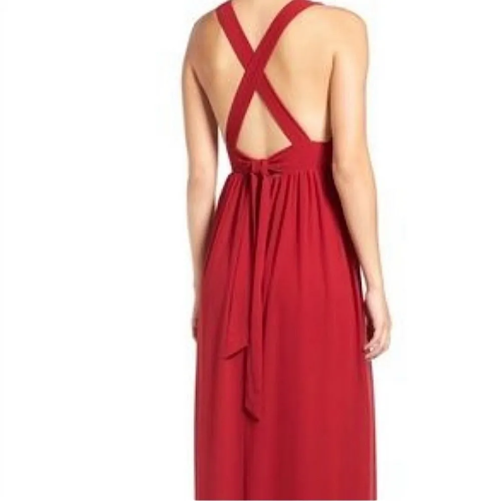 Burgundy Pleated Deep V-Neck Criss Cross Back Modcloth Maxi Dress Gown Medium - Image 3