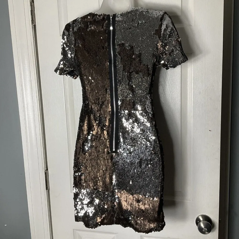 NWT TOPSHOP sequin Mini Party Dress Short sleeve Bronze Silver Metallic Size 2 - Image 2
