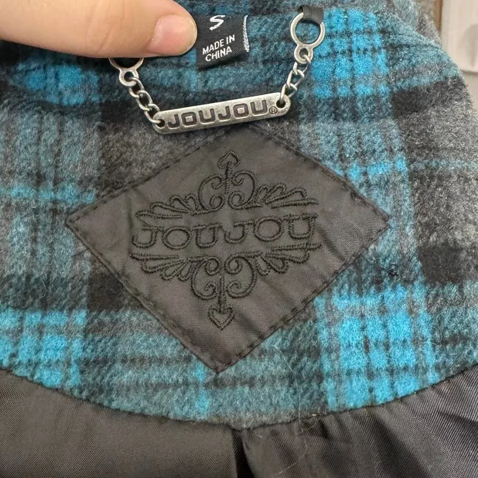 Jou Jou Blue Grey and Black Plaid Peacoat Alt Emo Grunge Indie Sleaze Size Small - Image 5