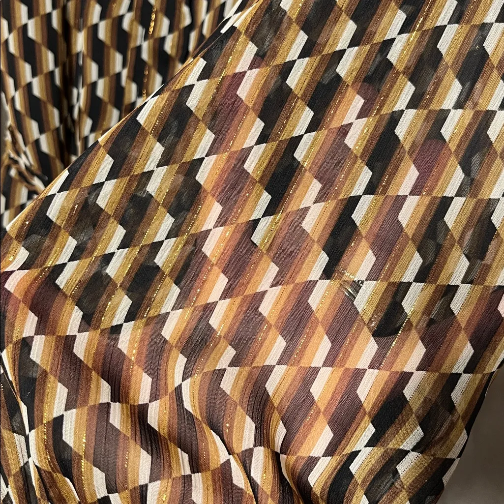 Zara Brown Gold Geometric Print Ruffled Long Sleeve Button Down Belted Dress S - Image 6