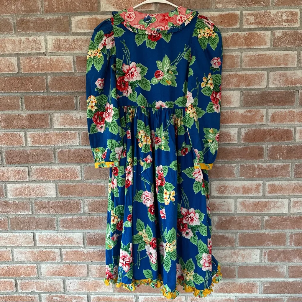 Vintage Mousefeathers Small Floral Ruffle Midi Dress 80s Floral Bib Whimsical Blue - Image 7