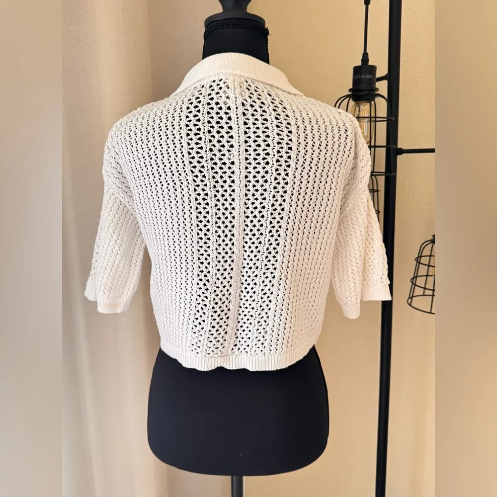 By Anthropologie XS Crochet Collared Beach Sweater Top Short Sleeve Boho Chic - Image 4