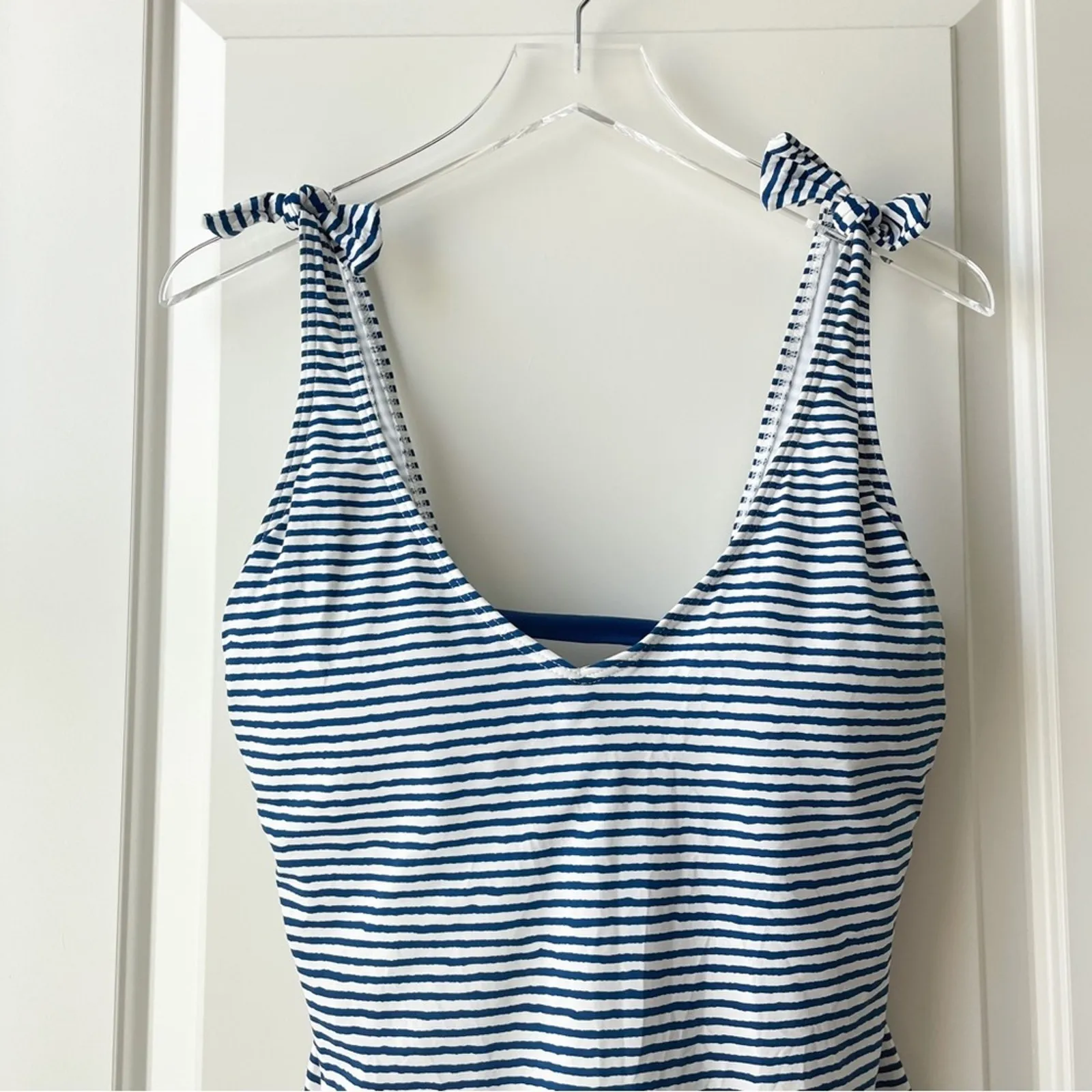 Lauren Ralph Lauren Swimsuit One Piece Stripe Lace Up Back White Navy Gold 16 - Image 3