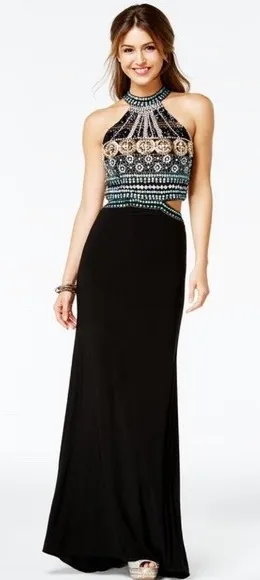 Crystal Doll Black Halter Neck Cutout Beaded Maxi Dress Size 9 Prom Formal - Image 1