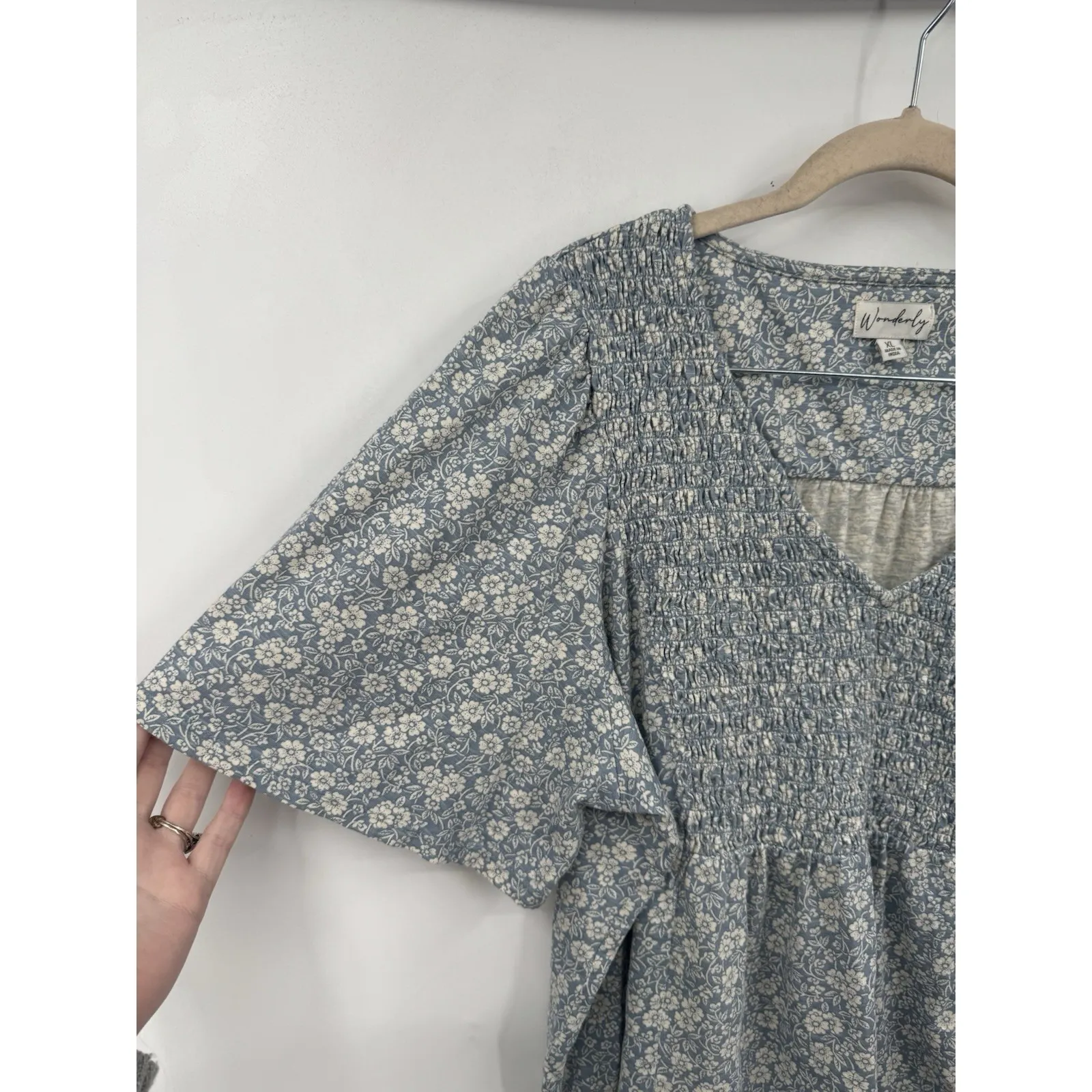 Wonderly Floral Cottage Peasant Blouse Women XL Blue Bohemian Milk Maid Summer - Image 5