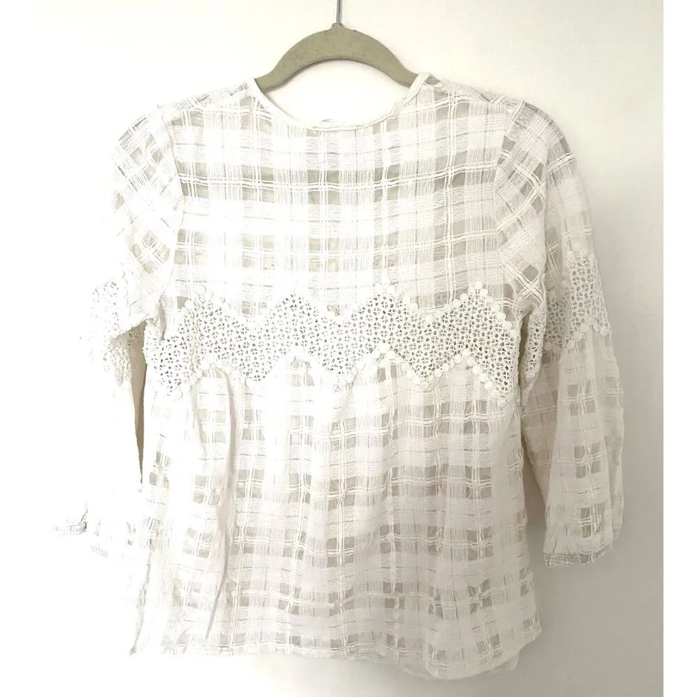 Esley Cream Cotton Lace Sheer 3/4 Sleeve Feminine Summer Pullover Top Blouse L - Image 2