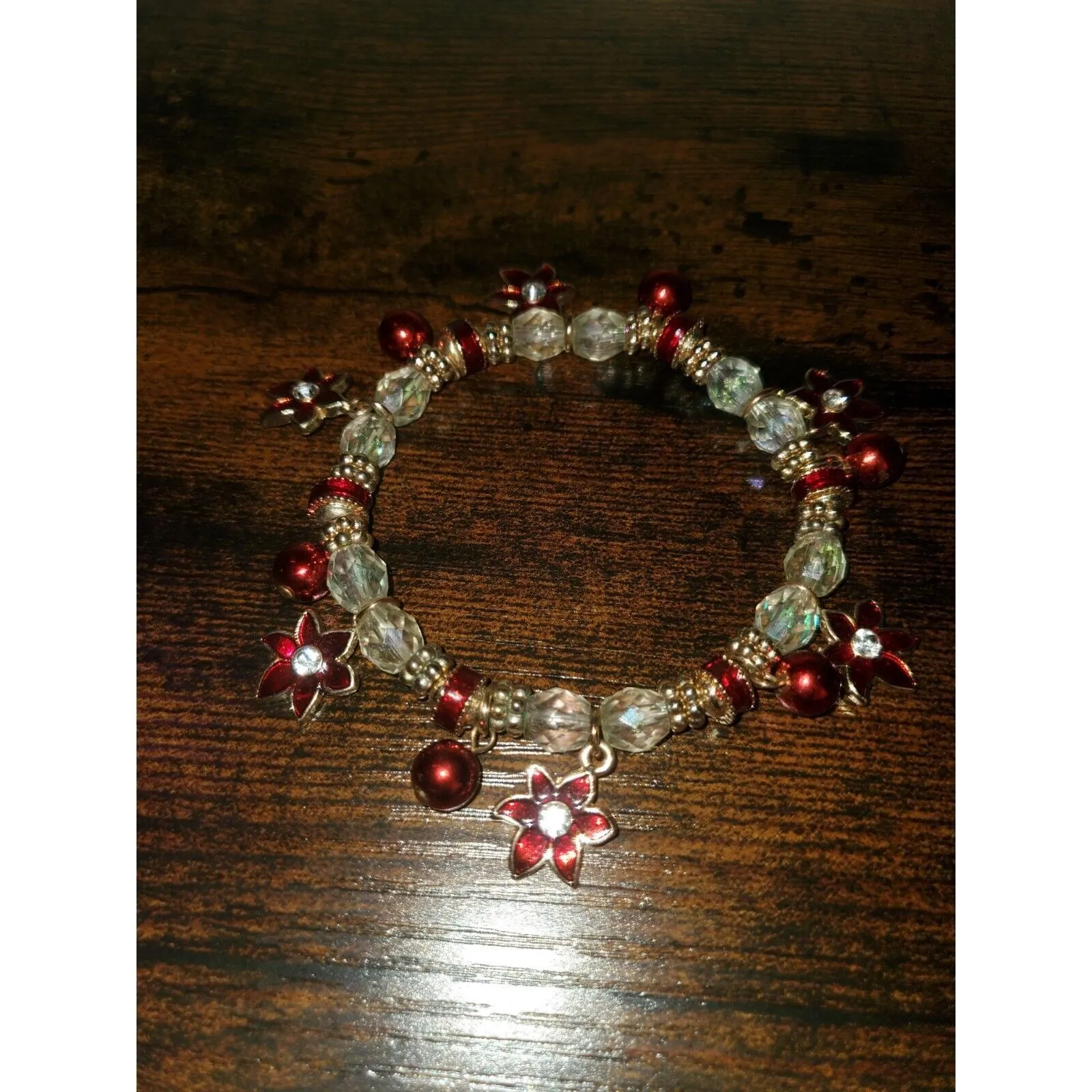Kenneth Cole Red Flower Charm Bracelet Crystal‎ Beads Stretch Holiday Jewelry - Image 5
