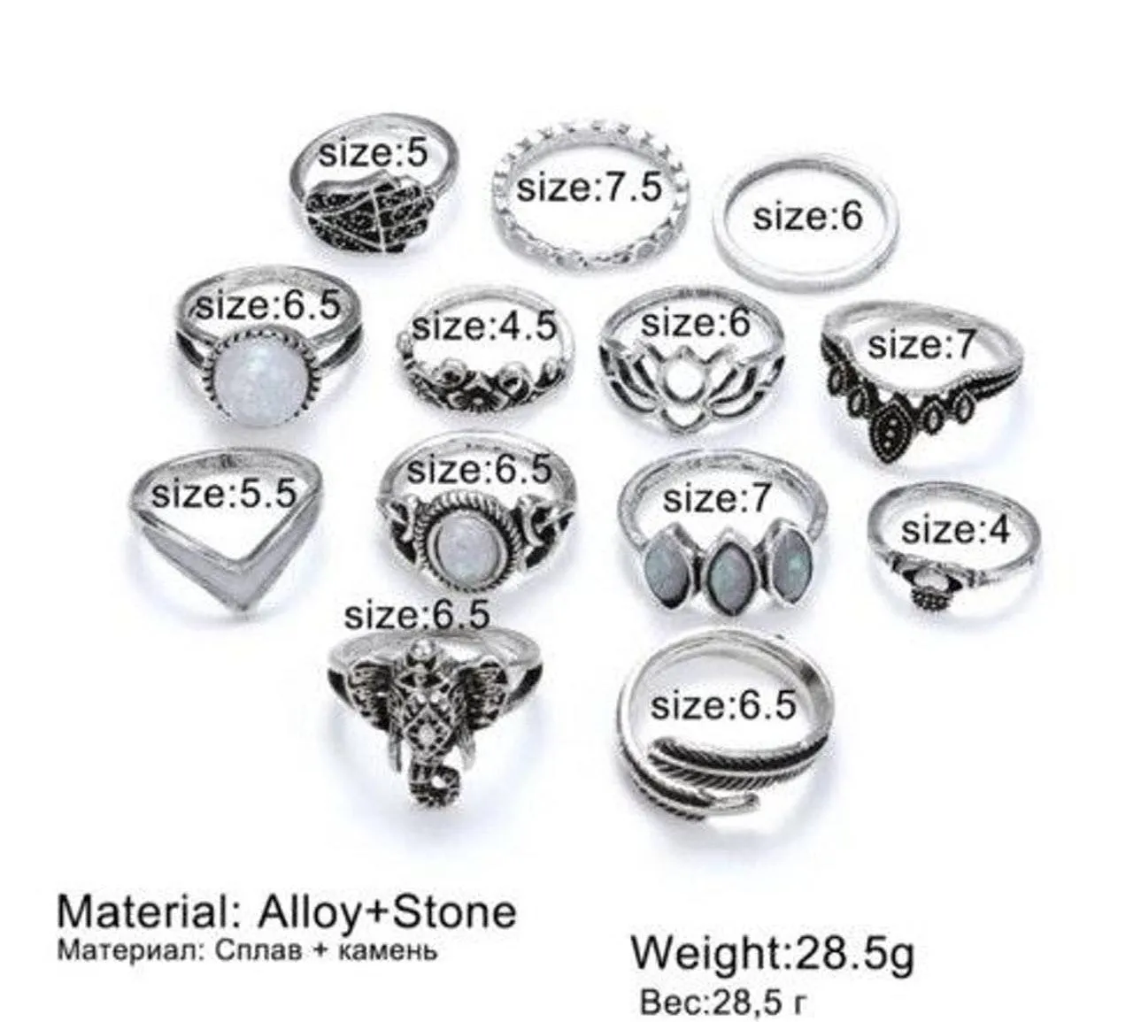 Boutique 13 Piece Silver Boho Opal Crystal Ring Set - Image 7