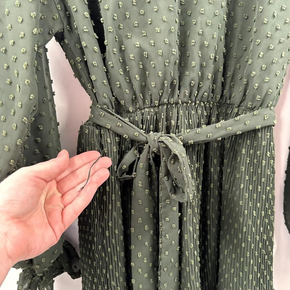 Bohme Evergreen Swiss Dot Long Sleeve Tie Waist Midi Dress Size Large - Image 4