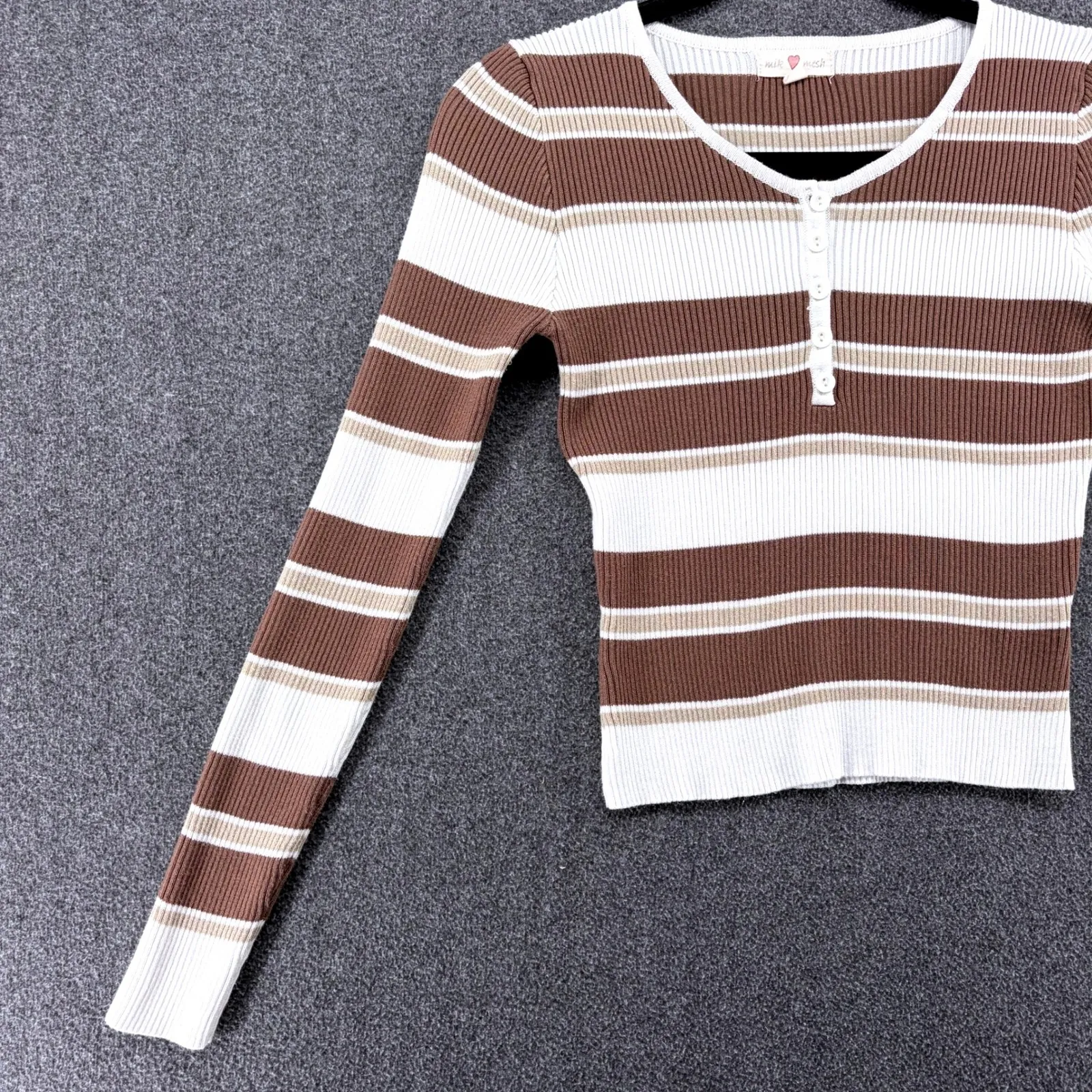Vtg Y2k 90s Womens Striped Long Sleeve Henley Button Up Knit Top Milk Mesh Small Brown - Image 3