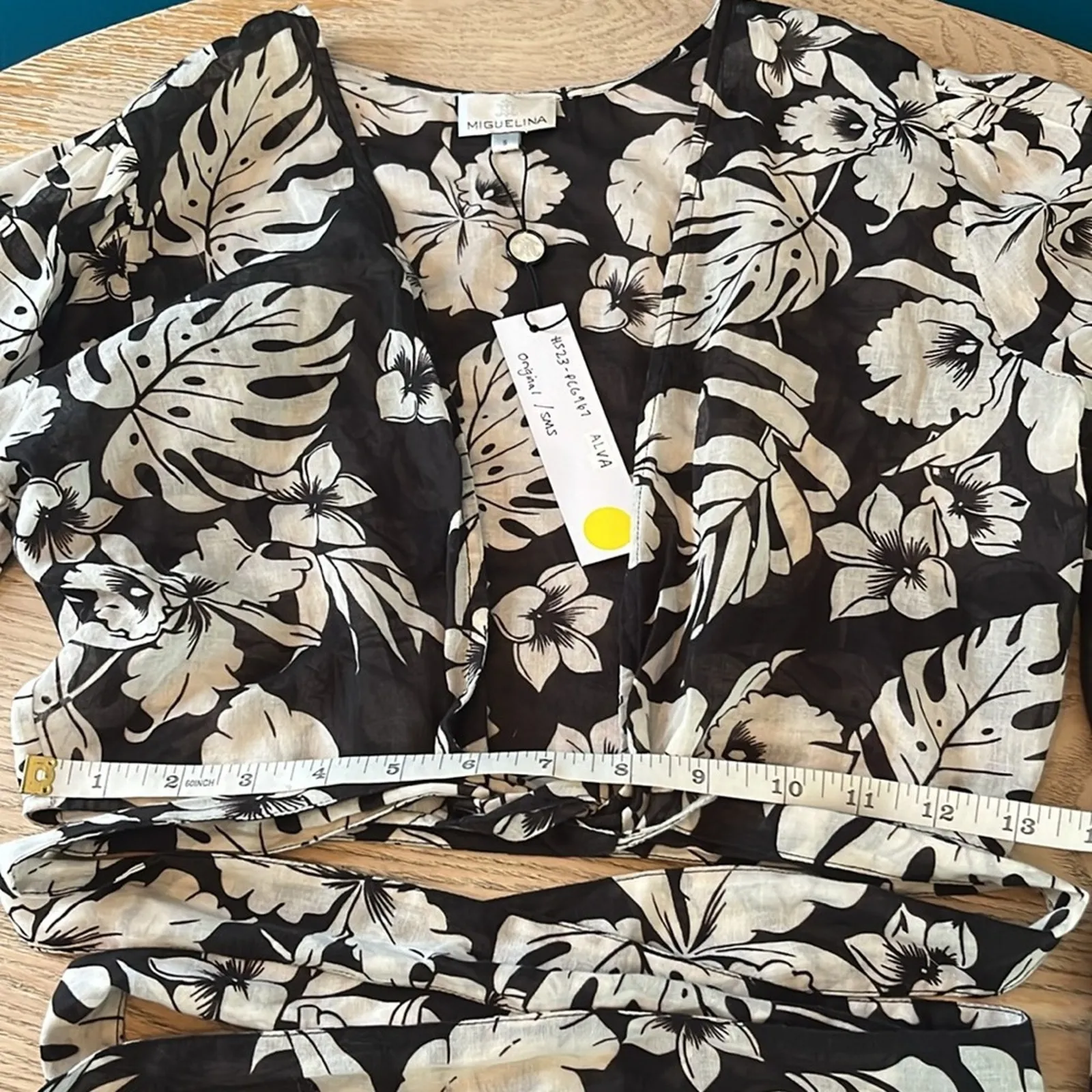 Miguelina Alva Bell Sleeve Cropped Top with Wrap Around Ties Floral Linen Size S Black - Image 6