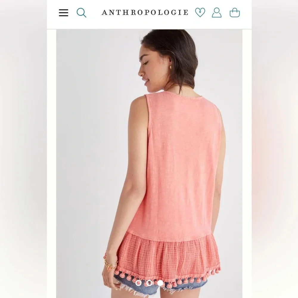 ANTHROPOLOGIE eri + ali  Coral Peplum Tasseled Tank Top Size Medium - Image 3