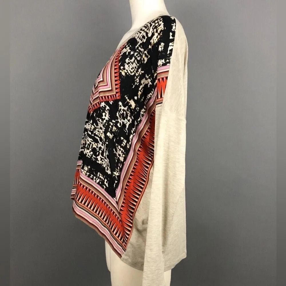 Cabi Long Sleeve Silk Blouse S Beige Black Red Scarf Print V-Neck Knit Contrast - Image 4