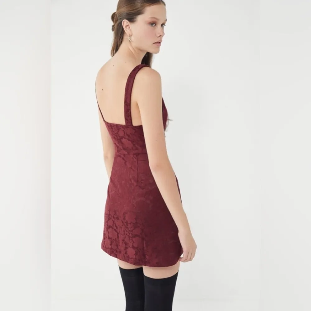 Urban Outfitters Hallie Wine Colored Embroidered Square Neck A-line Mini Dress - Image 3