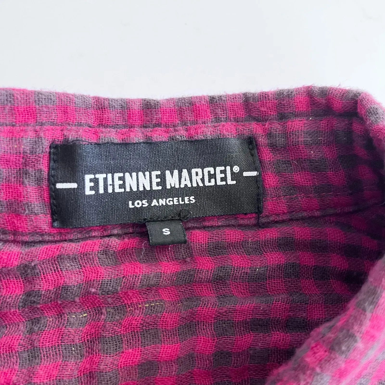 Etienne Marcel Greta Red Plaid Muslin Cotton Button Up Shirt Frayed Hem Small - Image 12