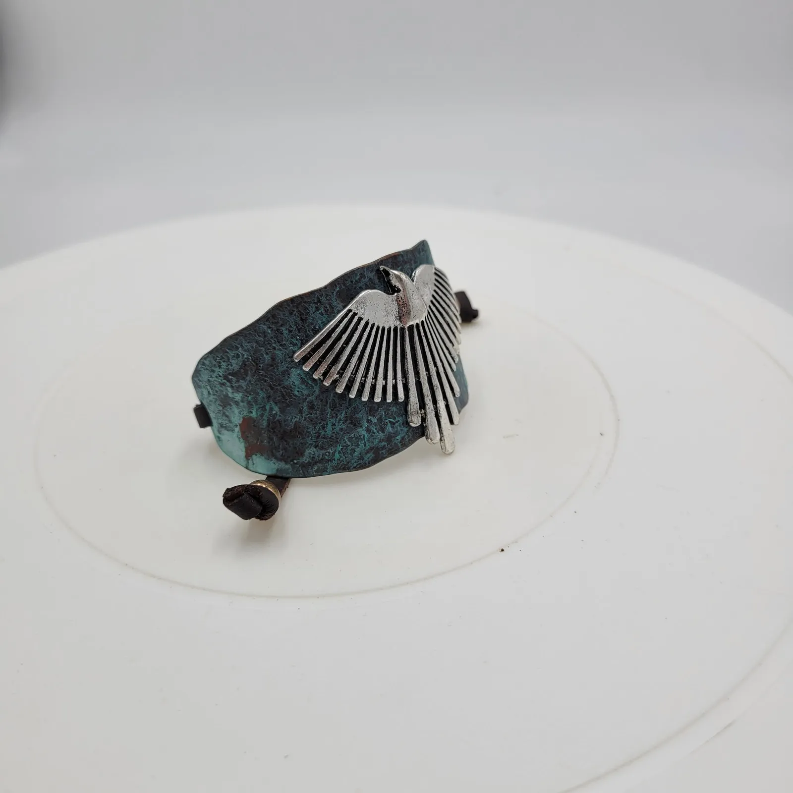 Vtg Native Thunderbird Cuff Bracelet 9" Hammered Green Silver Leather Phoenix Blue - Image 12