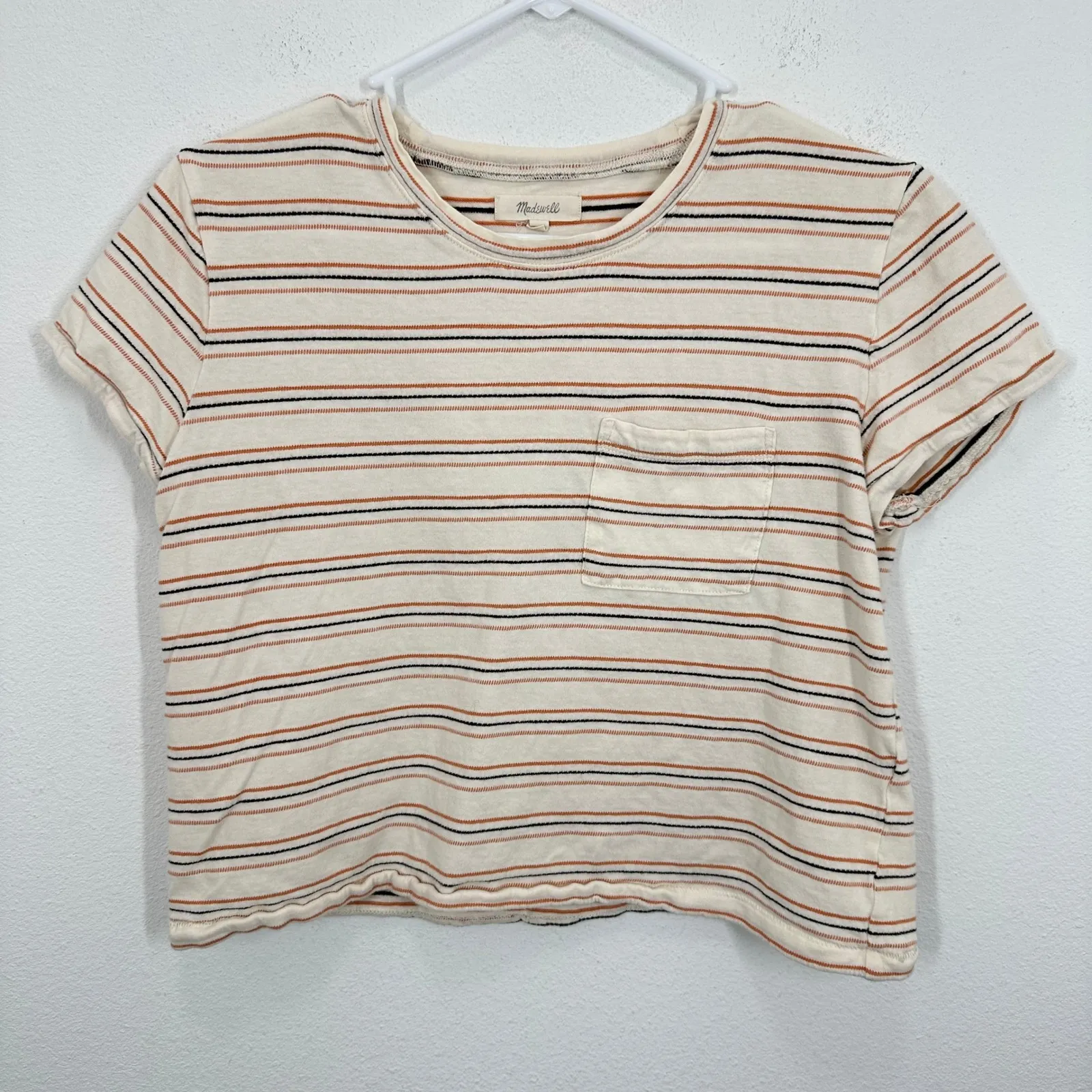 Madewell Women's Size XS Cropped Striped Pocket T Shirt Cream Rust Black Cotton - Image 2