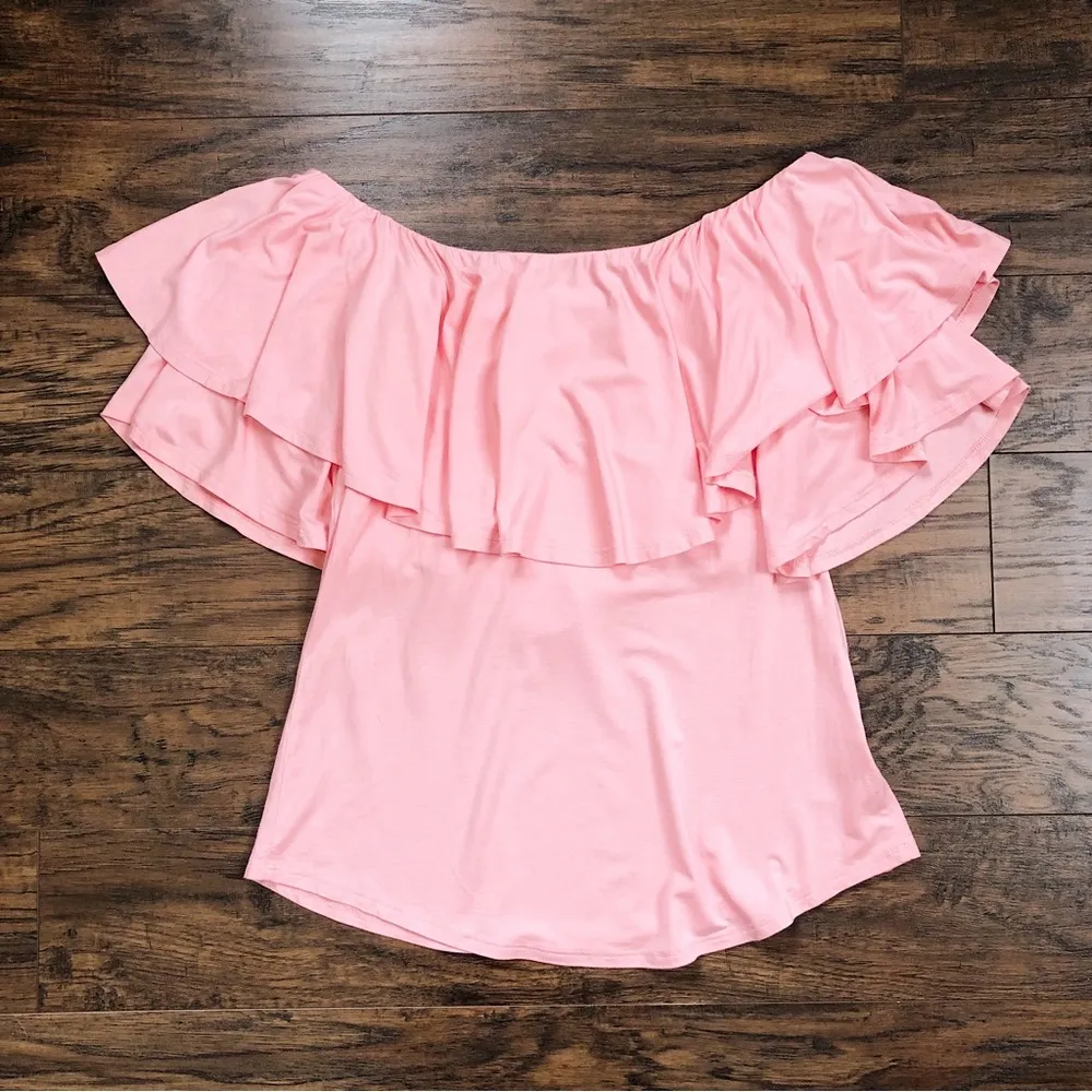 VaVa by Joy Han • Addina Top ruffle flounce off shoulder jersey knit Peach - Image 9