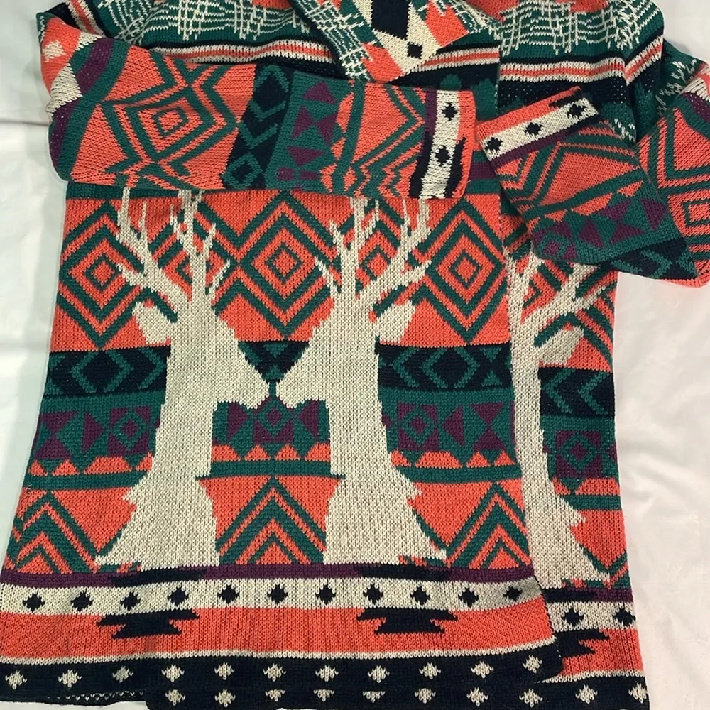 Long open cardigan kissing reindeer tribal coral teal purple black Christmas - Image 3