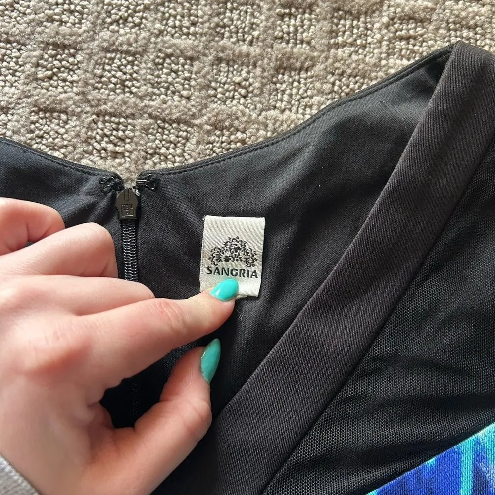 Sangria Blue Black Geometric Mini Bodycon Dress V Neck Womens Career Office - Image 4