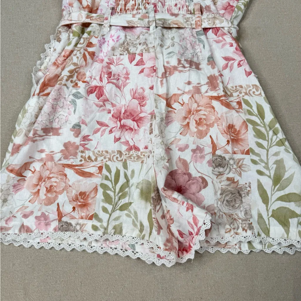 Rachel Zoe Romper Womens Size 6 Multicolor Pastel Floral  Belted Lace Trim - Image 8