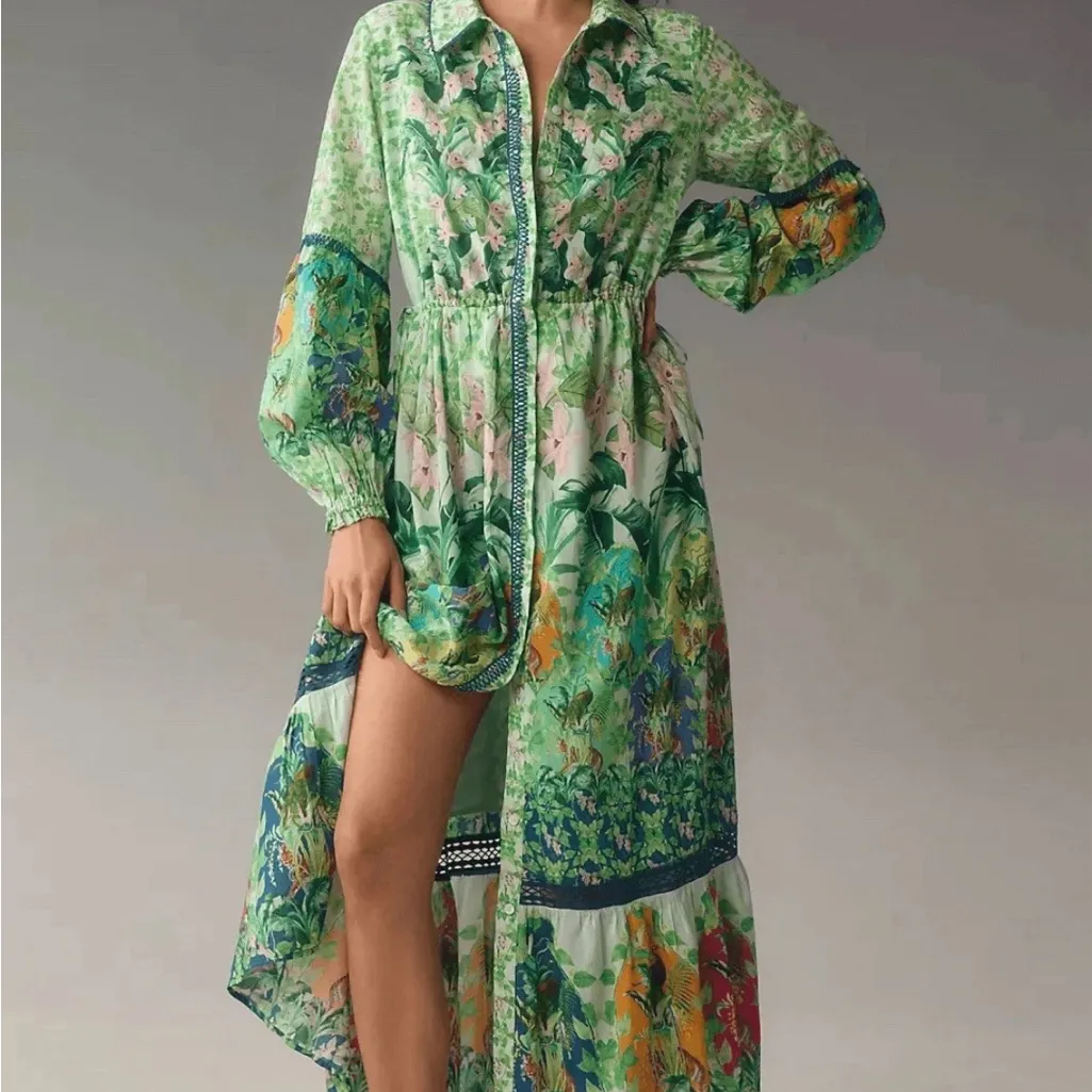 Anthropologie Long-Sleeve Printed Maxi Shirt Dress Jungle Print - Image 3