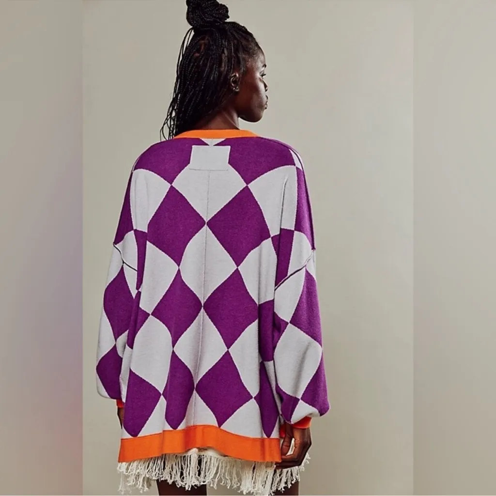 NWT We The Free People Manny Cardi Dahlia Purple Argyle V-Neck Cardigan Medium - Image 2