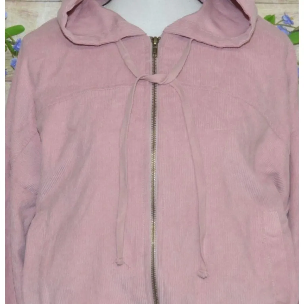 MINE Ladies Dusty Rose Pink Crop Corduroy Hooded Jacket Size L Full Zip Hoodie Size L - Image 3