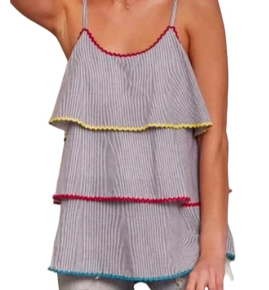Andree By Unit Brandi Woven Tiered Rick Rack Trim Striped Tank Top Size Medium - Image 7