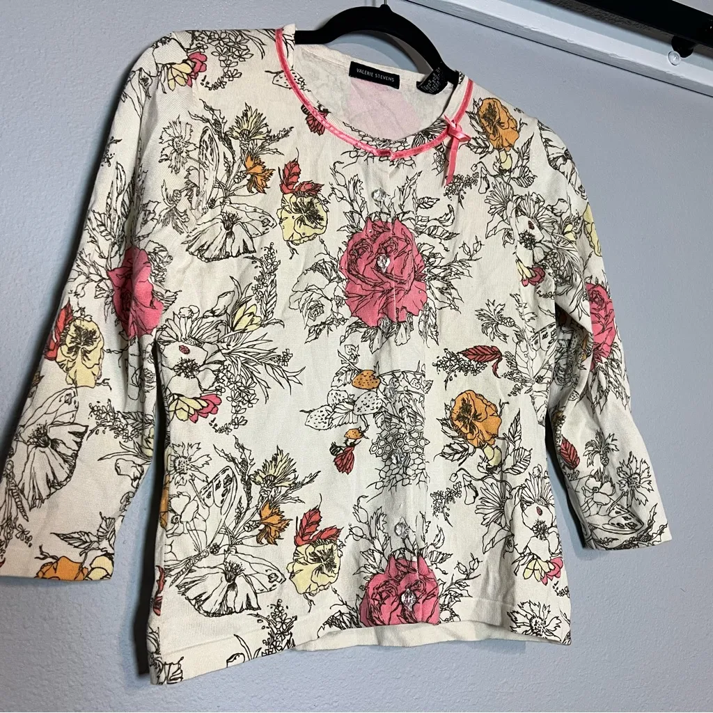 Valerie Stevens Silk Blend Floral Cream Cardigan Sweater Size Small Rhinestones - Image 2