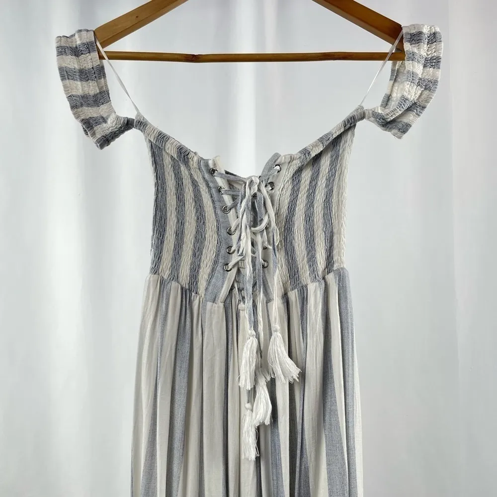 Skylar + Madison Wide Leg Stripe Off the Shoulder Jumpsuit in White Blue Size XS - Image 5