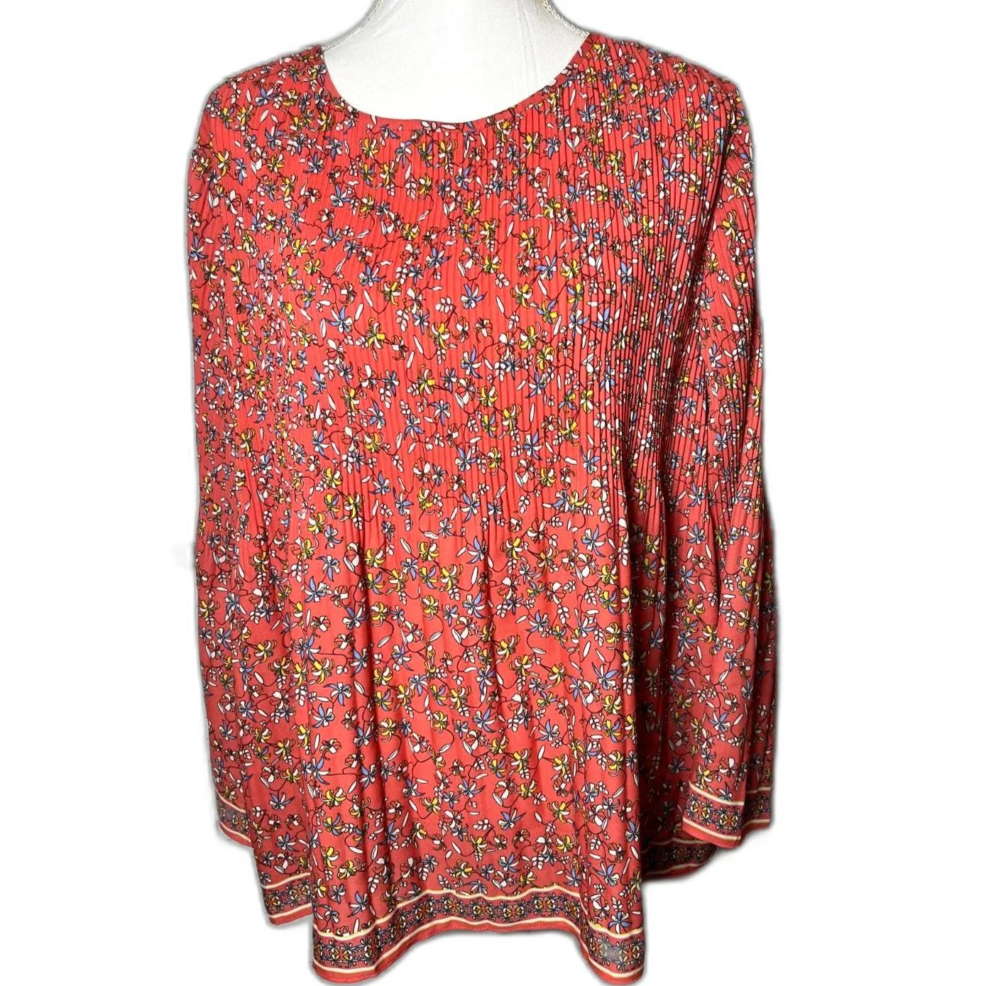 New Max Studio Red Ditsy Floral Flare Sleeve Pleated Boho Feminine Top 1X NWT - Image 4