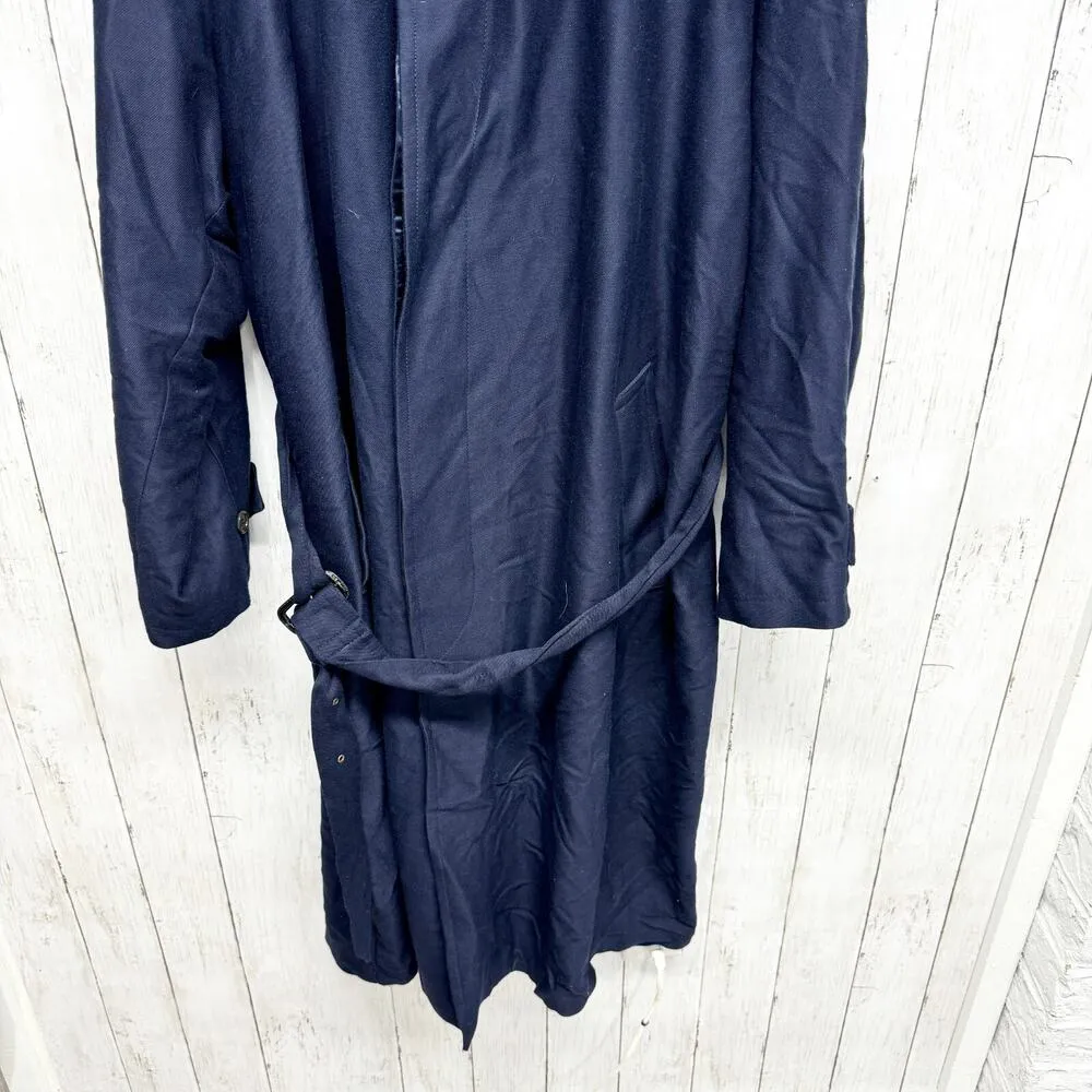 Vintage Reporter Coat Large Navy Collared Button Belted Split Back Long Peacoat Blue - Image 2