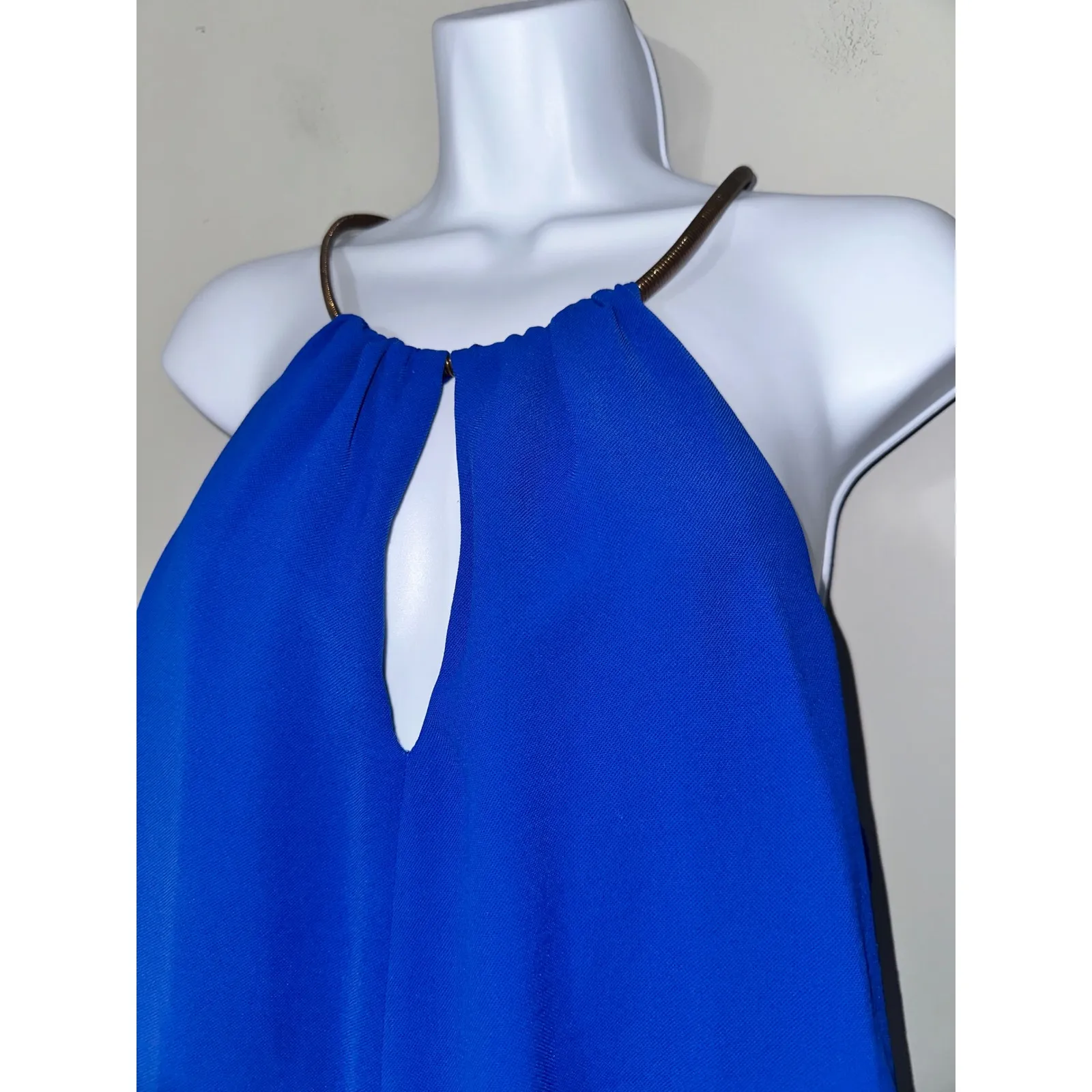 Adrianna Papell Royal Blue Halter Chain Neck Tiered High Low Midi Dress Size 16 - Image 4