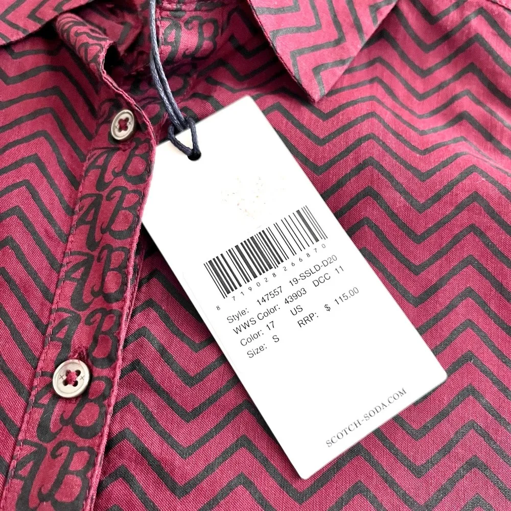 NWT Scotch & Soda Long Sleeve Button Up Semi Sheer Shirt Burgundy Black Small - Image 12