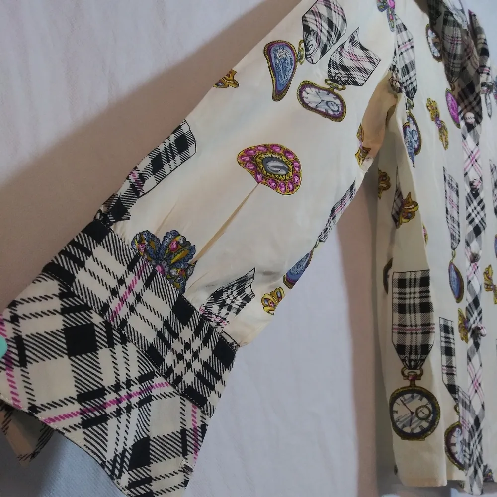 Francesca of Damon Vintage 80s Silk Plaid Pocket Watch Print Chic Preppy Size 8 Black - Image 5